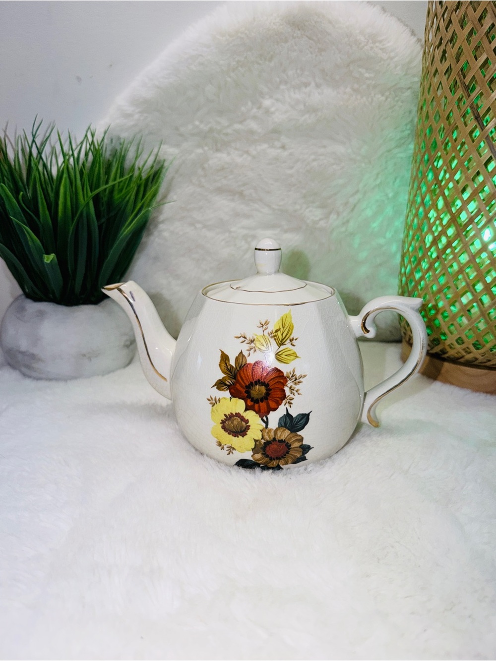Woods & Sons Vintage Floral Porcelain Teapot in Cream with Gold Trim 🍂